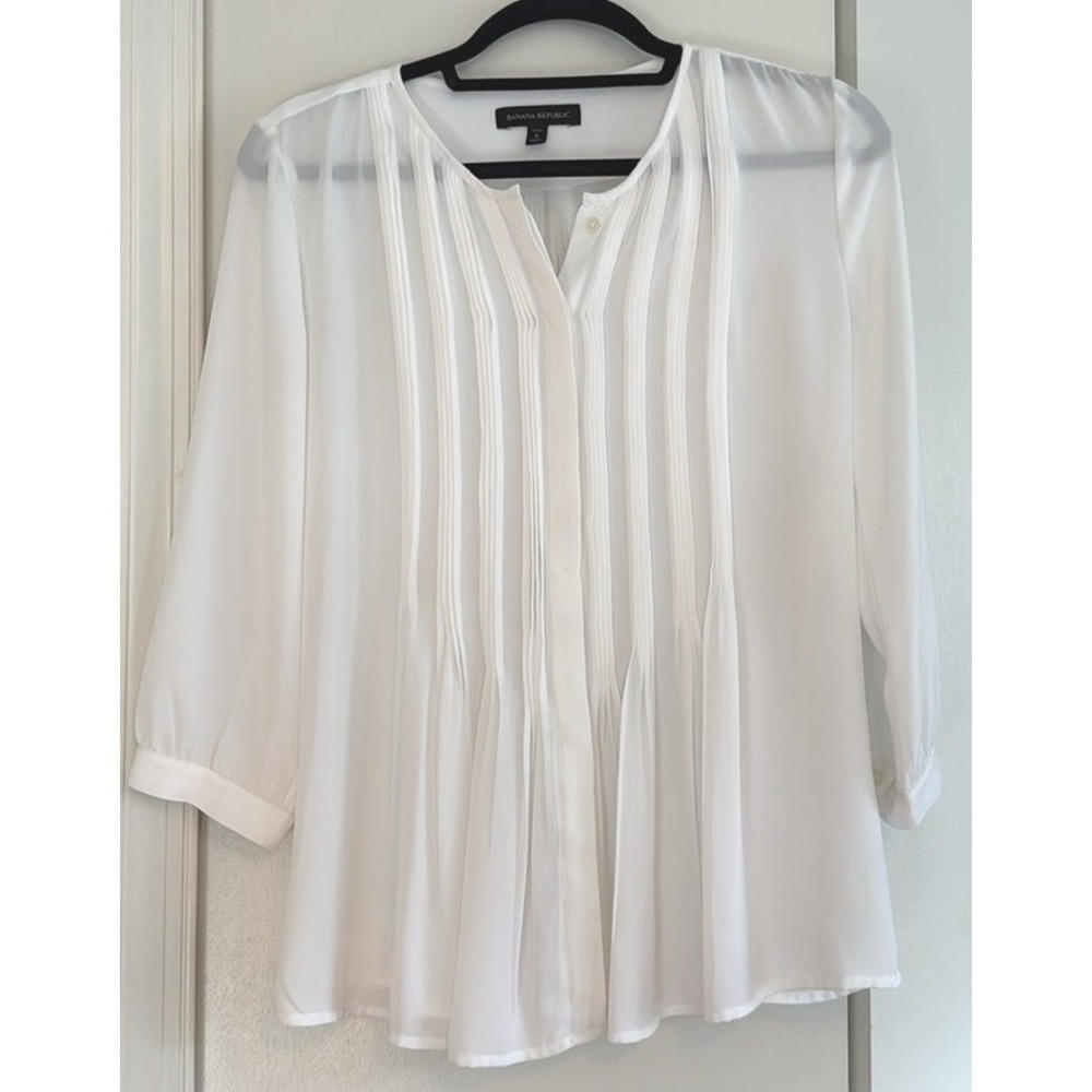 Banana Republic White Pintuck Pleated 3/4 Sleeve Blouse Petite Small Coastal
